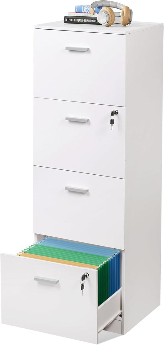 4 Drawer File Cabinet with Lock, Vertical Filing Cabinet for A4/Letter Size Files, Wood Storage Cabinet for Home Office, White-0