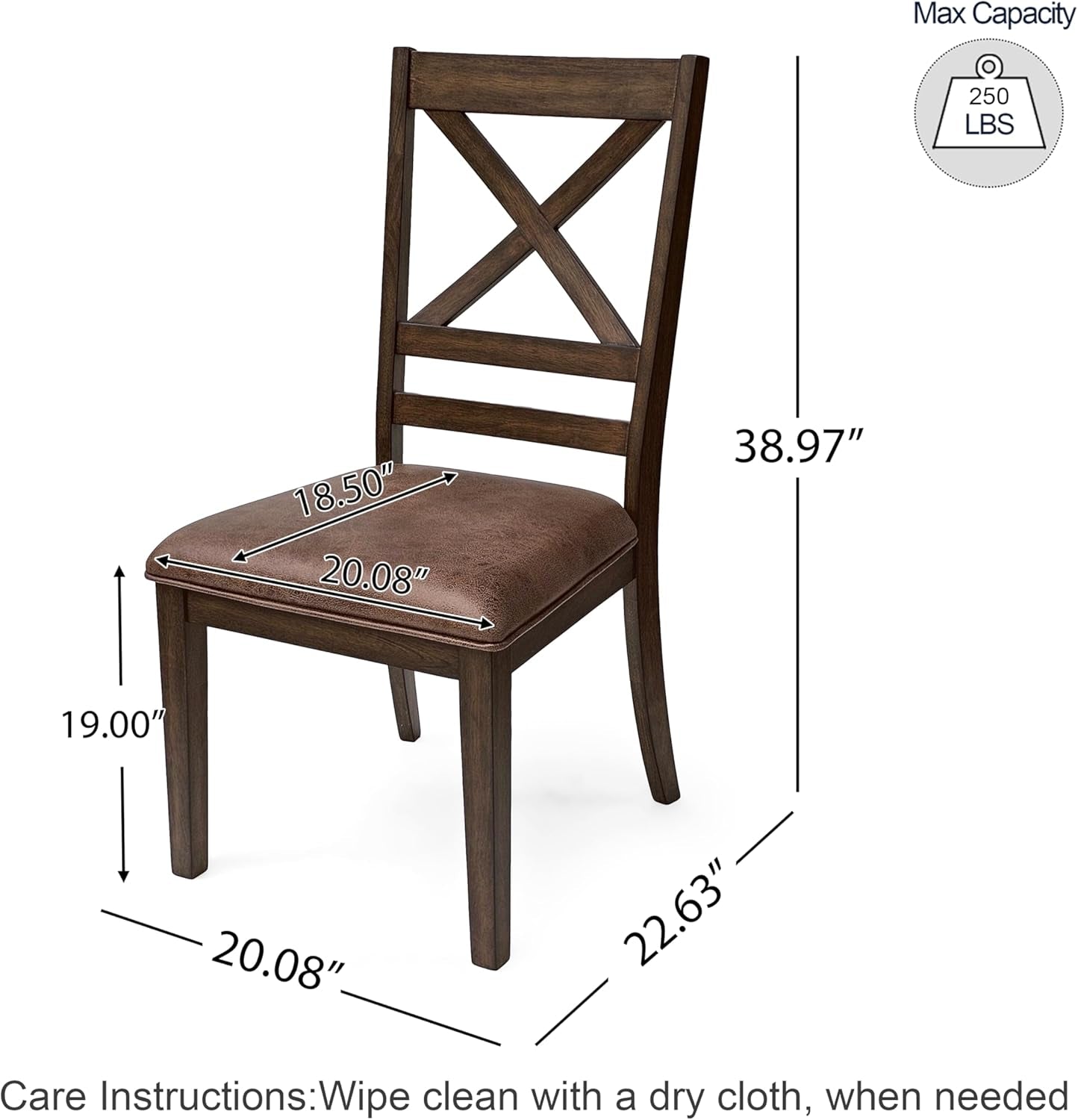 Amara Upholstered Dining Chairs Set of 2,Rubberwood Dining Chairs with Cross Back Design,Country Style Upholstered Cushion Chairs for Kitchen Dining Room Indoor, Brown-2