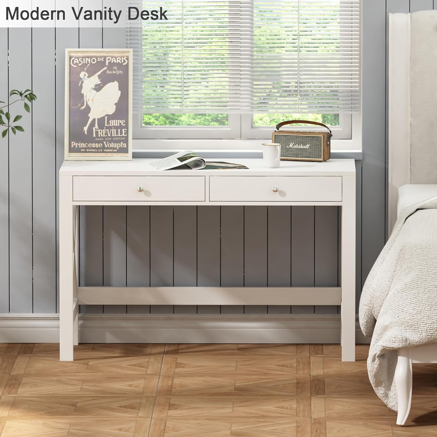 Computer Desk Study for Home Office, Modern Simple 40 Inches White Desk with Drawers, Makeup Vanity Console Table-3