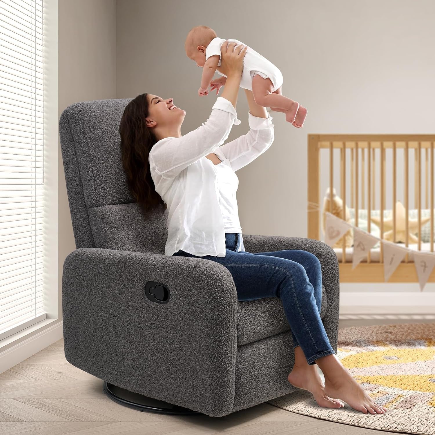 Swivel Rocking Chair, Nursery Glider Recliner Chairs for Adults, Rocker for Living Room Bedroom, Comfy Upholstered Modern Nursing Reclining Single Sofa, Grey Teddy-0