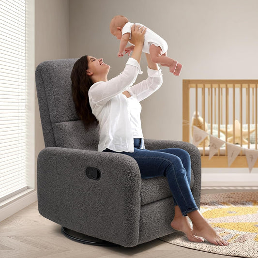 Swivel Rocking Chair, Nursery Glider Recliner Chairs for Adults, Rocker for Living Room Bedroom, Comfy Upholstered Modern Nursing Reclining Single Sofa, Grey Teddy-0