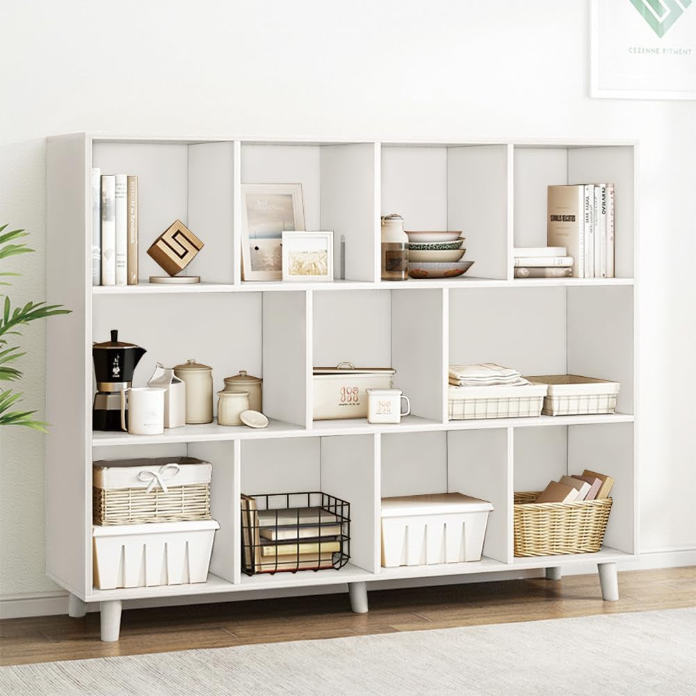 Open Cube Low Bookcase - 3-Tier Freestanding Storage Display Cabinet Organizer with Legs for Home Office, 11-Cubes Open Shelf Short Bookshelf, White-0
