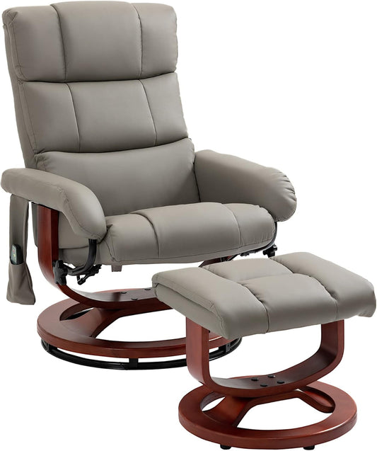Massage Recliner Chair with Ottoman, Swivel Recliner and Footrest, Faux Leather Reclining Chair with Remote Control and Side Pocket, Gray-0