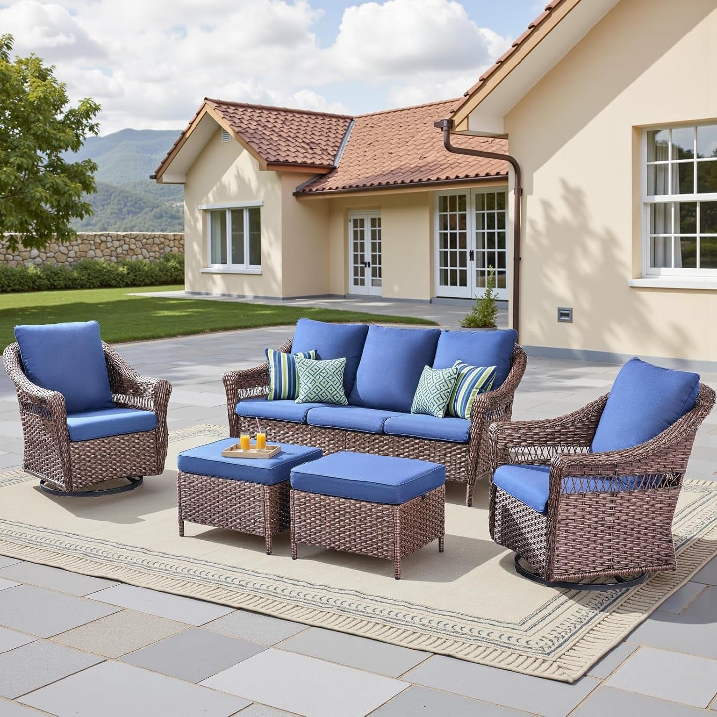 Patio Furniture Set, 5 Pieces Outdoor Conversation Set, All Weather Wicker Patio Furniture W/ Swivel Glider Rocking Chair, Ottoman, 3-Seat Couch & Comfy Cushions for Backyard, Deck, Poolside, Porch-0
