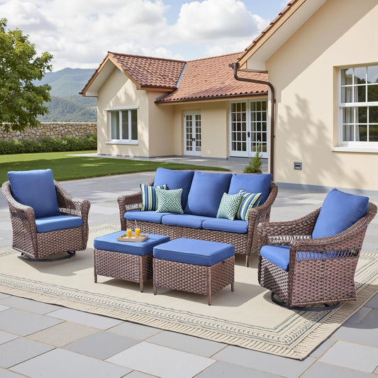 Patio Furniture Set, 5 Pieces Outdoor Conversation Set, All Weather Wicker Patio Furniture W/ Swivel Glider Rocking Chair, Ottoman, 3-Seat Couch & Comfy Cushions for Backyard, Deck, Poolside, Porch-0