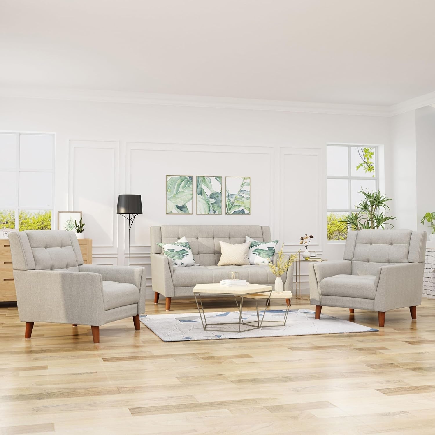 Evelyn Mid Century Modern Fabric Arm Chair and Loveseat Set, Beige, Walnut-1