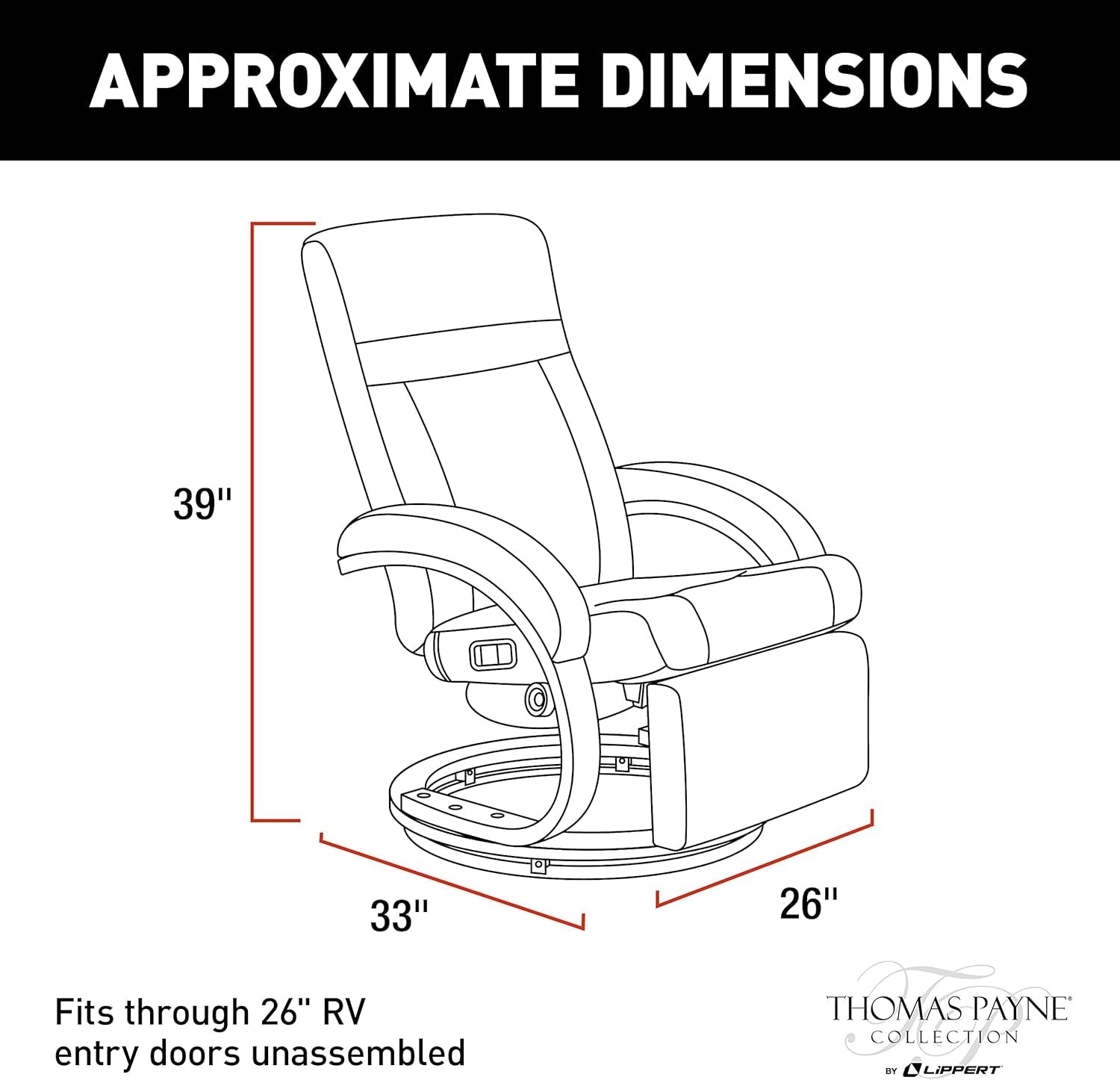 RV Euro Recliner with Footrest, 360-Degree Swivel, Manual Recline, Measures 26" W X 33" D X 39" H, Polyhyde Vinyl Fabric, Grummond - 2020129901-2