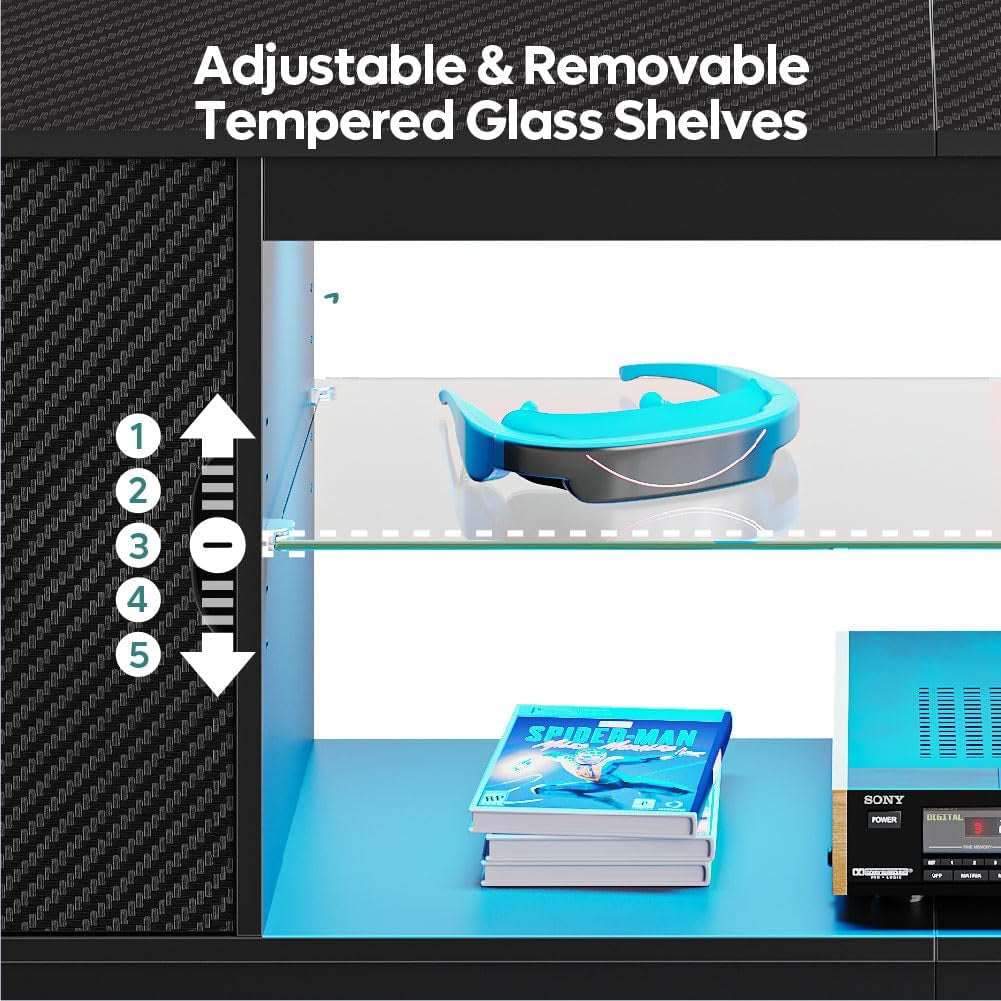 LED TV Stand for 55/60/65 Inch TV, Gaming Entertainment Center with Cabinet for PS5, Xbox,Modern TV Cabinet with Adjustable Glass Shelves for Living Room, Bedroom 58 Inch,Black-4