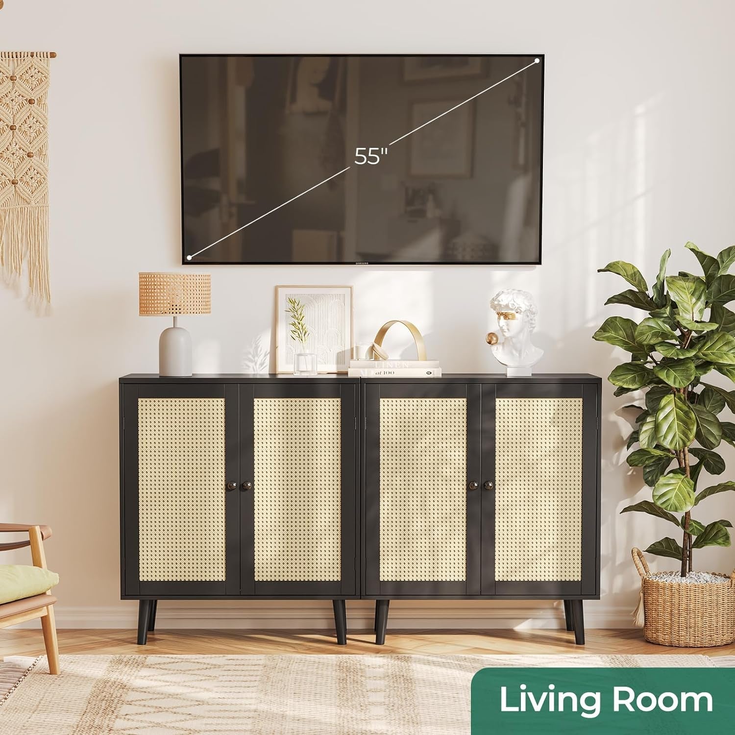 Buffet Cabinet with Storage, Storage Cabinet with Synthetic Rattan Decor Doors, Accent Cabinet with Solid Wood Feet, Sideboard Cabinet for Hallway, Entry, Living Room, Black-3