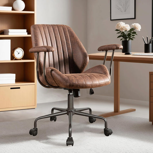 Ergonomic Home Office Chair, Mid-Century Modern Leather Chair, Mid Back Swivel Rolling Executive Chair with Armrest Wheels, Comfy Task Computer Desk Chair (Dark Brown, Suede Leather)-0