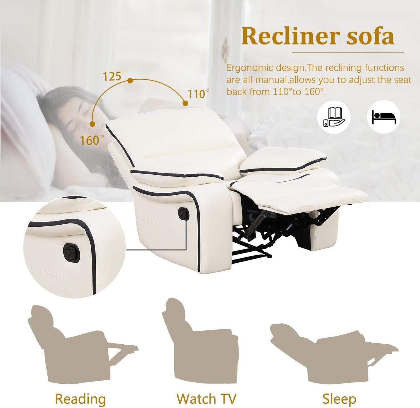 Leather Recliner Sofa Set, Leather Couch Set for Living Room, Living Room Furniture Set with Storage Console & Cup Holder for Living Room/Office (Recliner Couch Set) Creamy White-2