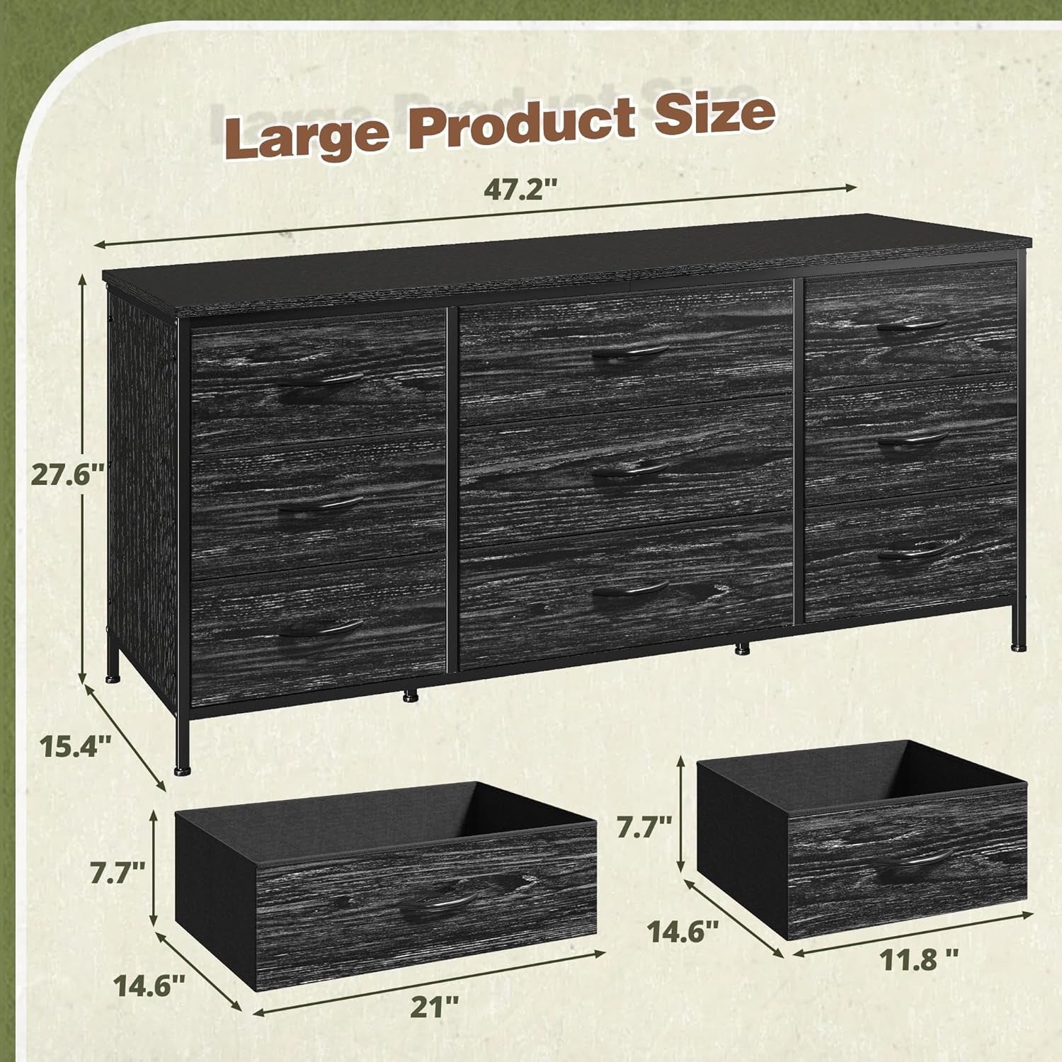 Dresser TV Stand with 9 Drawers for 60'' TV Stand for Bedroom Long Dresser for Bedroom Wide Dressers & Chests of Drawers, Sturdy Metal Frame & Wood Top, Living Room, Closet, Charcoal Black-2