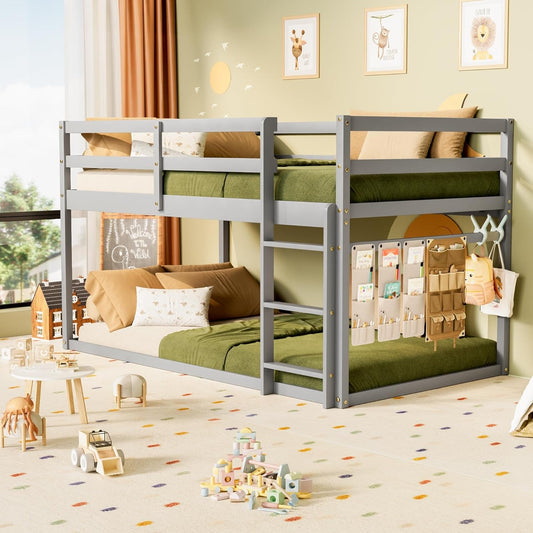 Low Bunk Bed Twin over Twin, Floor Bunk Bed with Ladder, Twin Bunk Bed with Full Guardrails, Wooden Bunk Bed for Juniors, Boys, Girls, Kids, Bedrooms (Grey)-0