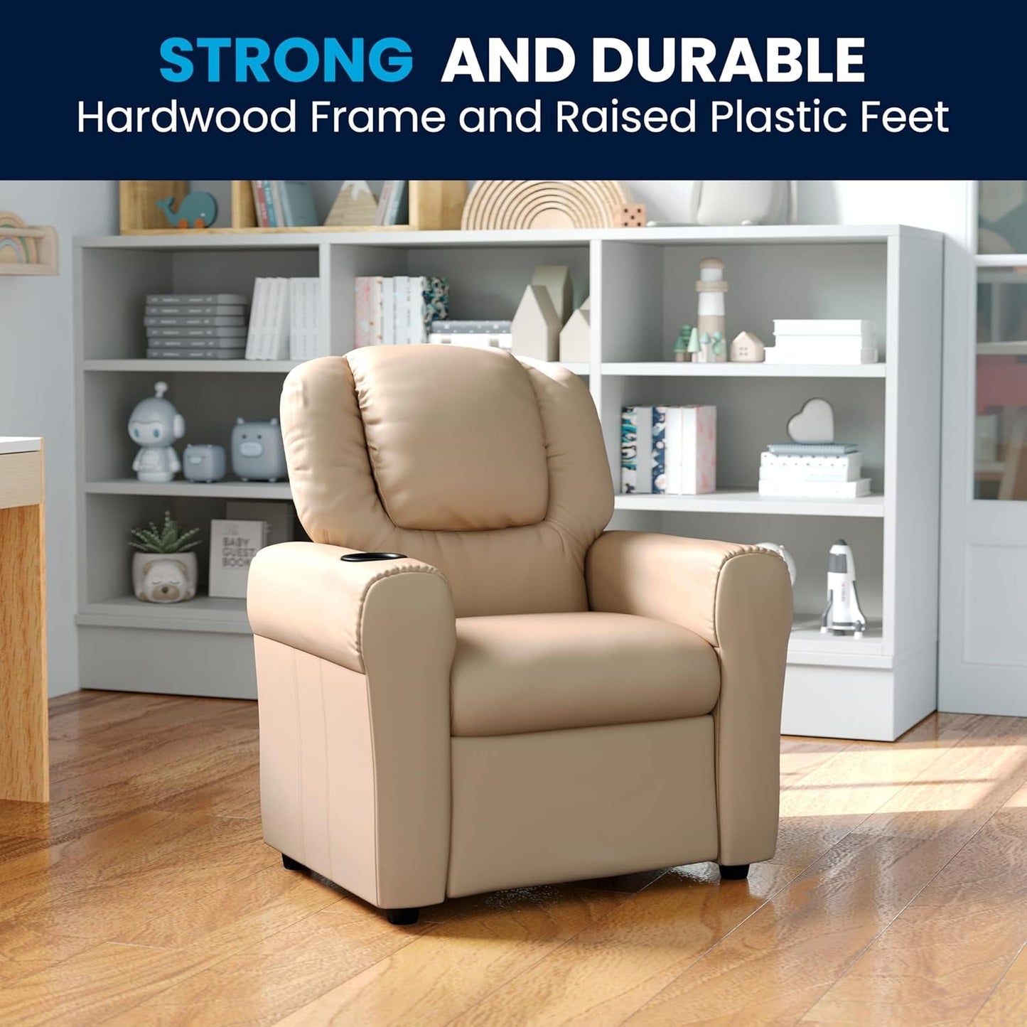 Vana Vinyl Kids Recliner with Cup Holder, Headrest, and Safety Recline, Contemporary Reclining Chair for Kids, Supports up to 90 Lbs., Beige-4