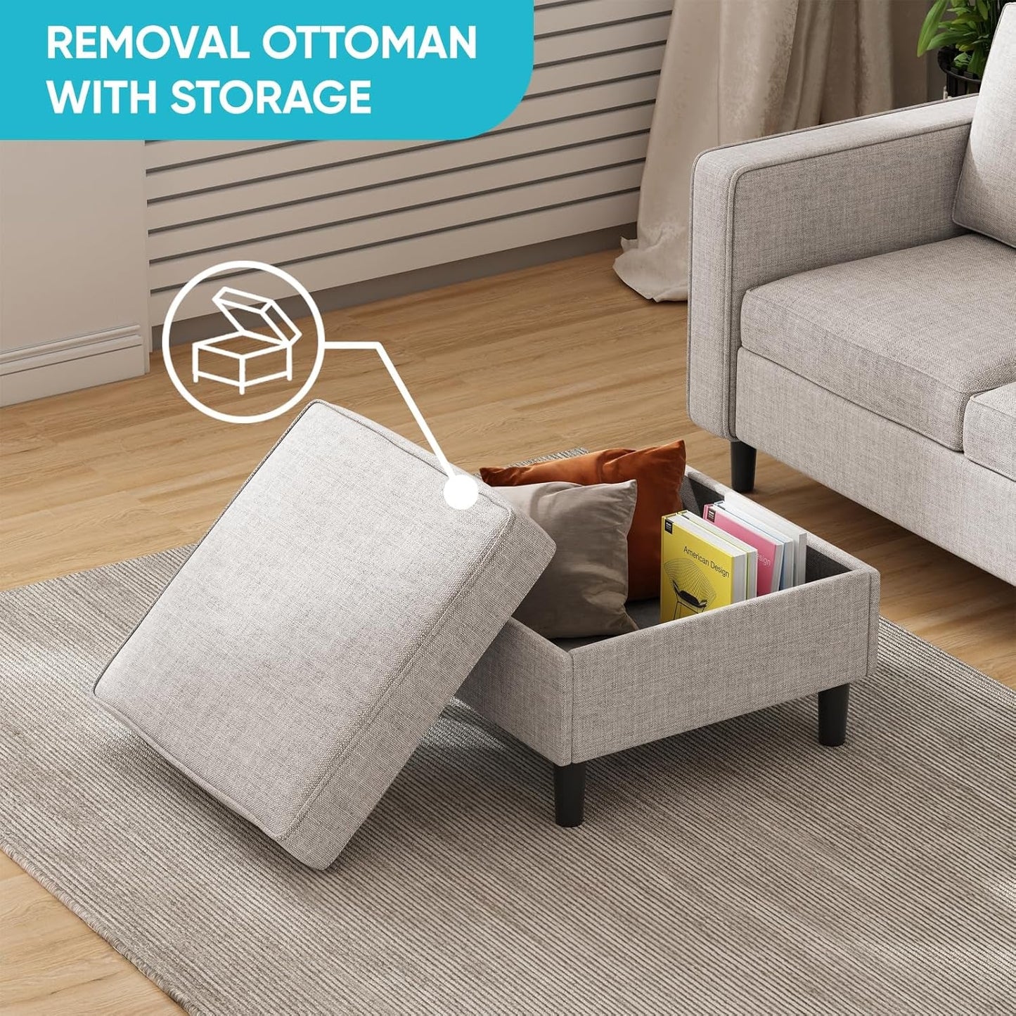 6 Seaters Sectional Upholstered Sofa, Linen Fabric Sofa Couch with Side Pockets, Free Combination Sofa Set with Movable Storage Ottoman, for Living Room-Sofa&Loveseat&Chair&Ottoman,Beige-3