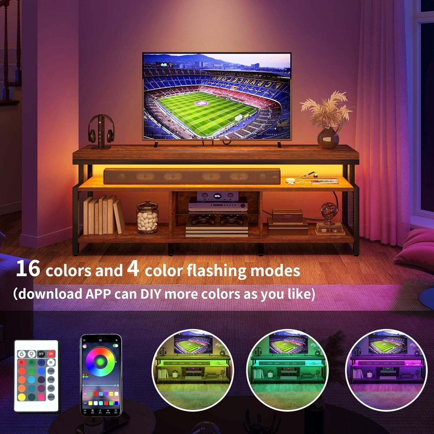 LED Television Stands W/Power Outlets for 70/65 Inch, Modern Industrial TV Stand, Entertainment Center W/Open Storage, Entertainment Center for 360Lbs for Living Room, Retro Brown-2