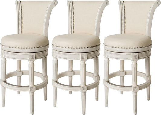 Pullman 31 Inch Tall Bar Height Upholstered Barstool with Back in White Oak Finish with Natural Color Fabric Cushion Seat, Set of 3-0