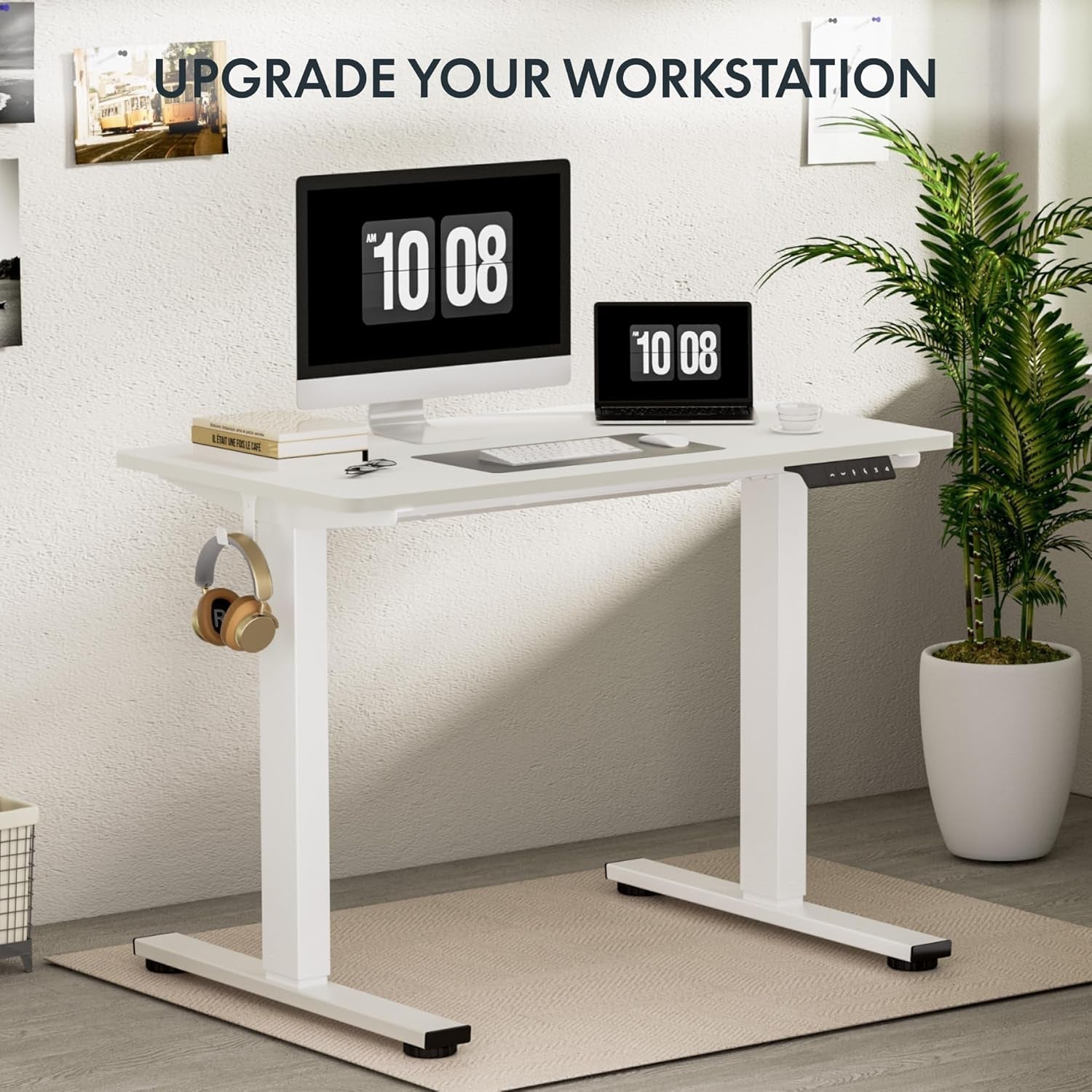EN1 Whole-Piece White Standing Desk 48 X 24 Inches Desk Board Electric Stand up Desk Height Adjustable Desk for Home Office(White Frame + White Top)-3