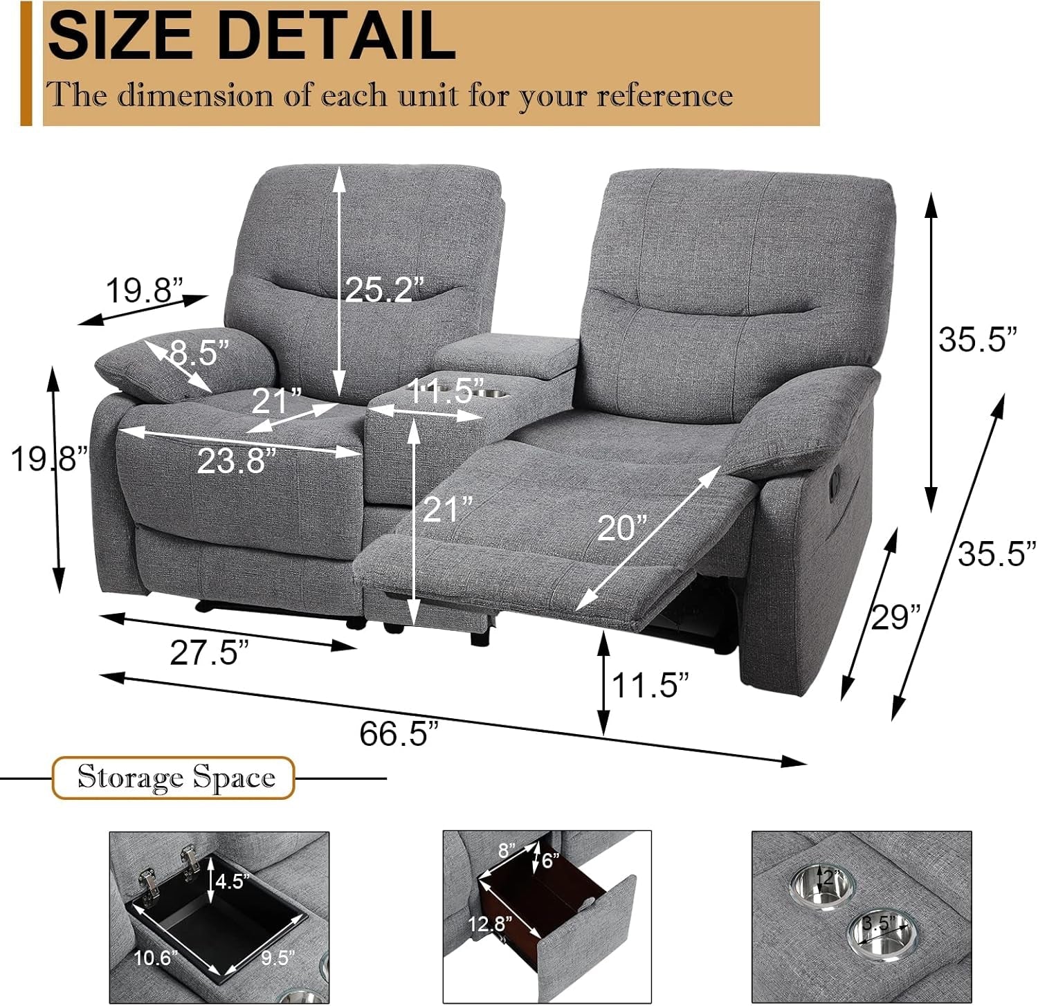 Double Reclining Loveseat - Fabric Home Theater Seating with Console - 2 Seater Manual Reclining Couch for Living Room, Office (Fabric- Light Grey)-1