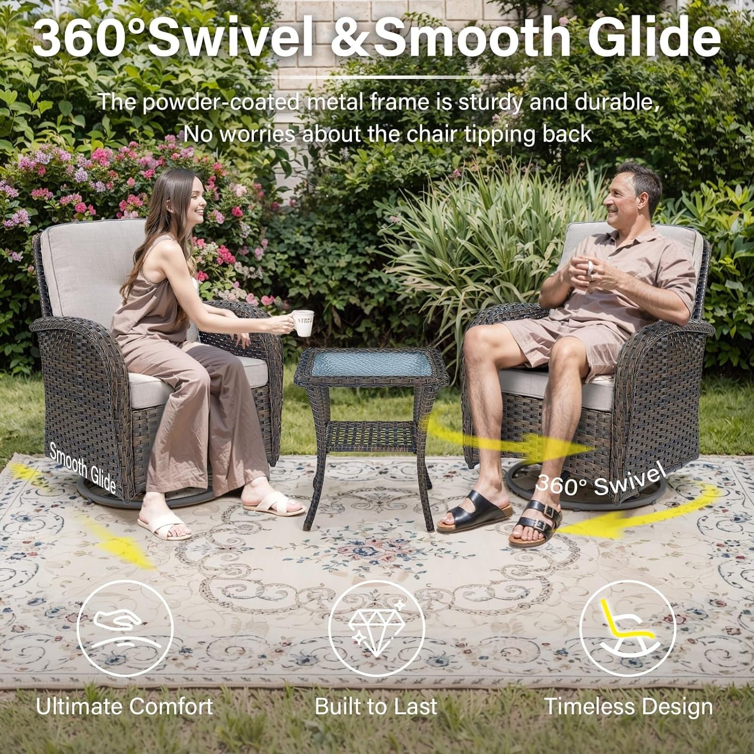 Patio Wicker Chairs Swivel Rocker Outdoor Swivel Rocking Chairs Set of 2 with Rattan Side Table Patio Swivel Glider Chair 3 Piece Patio Furniture Sets for Porch Pool Brown/Beige, (A085-2)-2