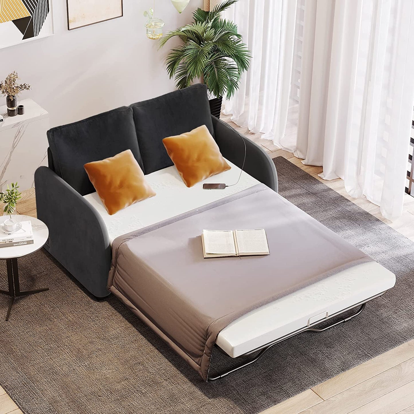 Black Love Seat with Sleeper, USB and Plug-0