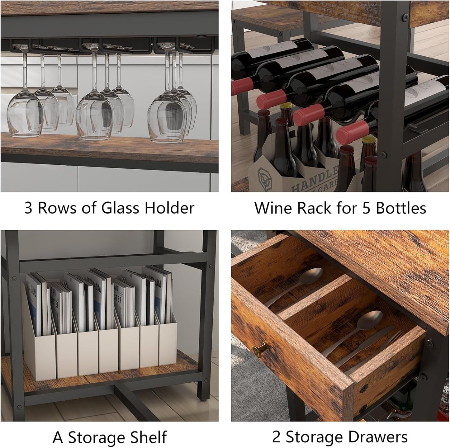 Elegant Rustic Dining Table Set for 4-6 with Storage Drawer, Wine Rack & Glass Holder - 54.7" Kitchen Dinner Table with 2 Benches-2