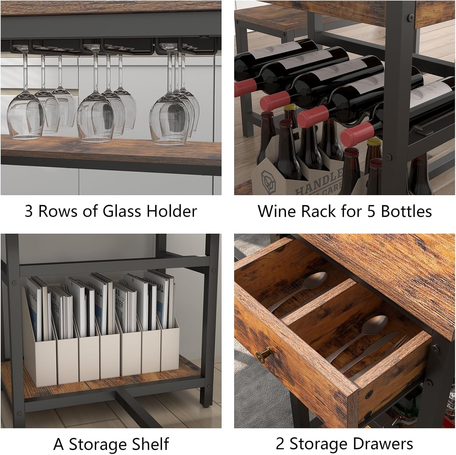 Elegant Rustic Dining Table Set for 4-6 with Storage Drawer, Wine Rack & Glass Holder - 54.7" Kitchen Dinner Table with 2 Benches-2