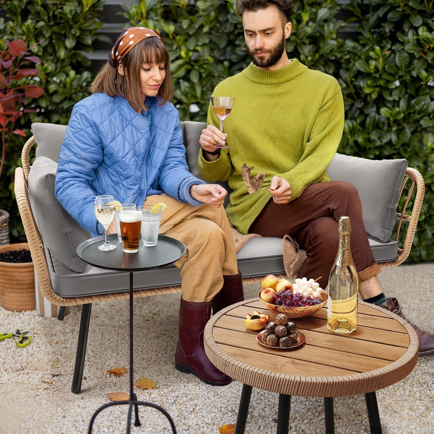 Patio Loveseat, All-Weather Wicker Rattan 2 Seater Sofa with Cushions & Lumbar Pillows, Outdoor Patio Furniture Set for Patio, Balcony, Backyard, Deck, Poolside - Grey-3