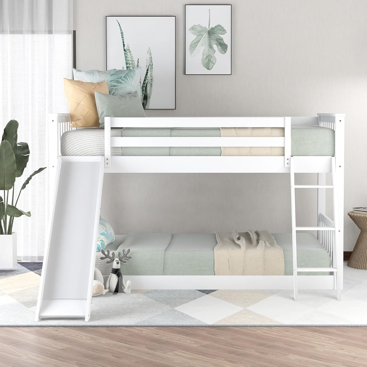 Bunk Bed Twin over Twin Size with Convertible Slide and Ladder, Heavy Duty Wood Twin Size Bunk Bedframe with Full-Length Guardrail, No Box Spring Needed, Noise Free, White-2