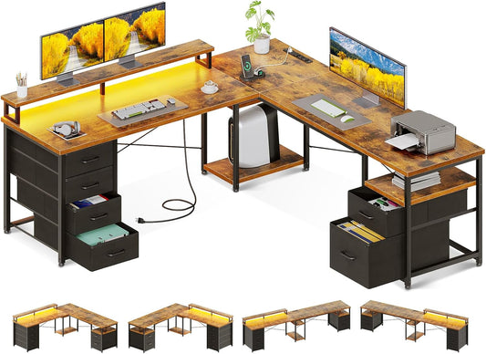 66" L Shaped Computer Desk, 113“ Reversible Home Office Desk with File Cabinet & 4 Fabric Drawers, Two Person Desk with LED Lights & Power Outlet, Corner Gaming Desk with Monitor Shelf, Vintage-0