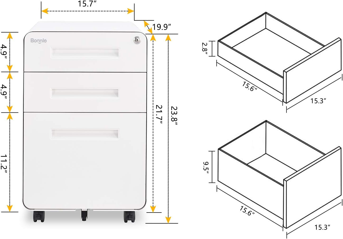 23.8" H 3 Drawer Rolling File Cabinet with Lock, Mobile File Cabinet under Desk with Pencil Tray, White Locking File Cabinet for Home Office, Metal Filing Cabinet Printer Stand Fully Assembled-1