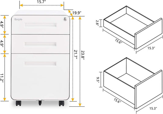 23.8" H 3 Drawer Rolling File Cabinet with Lock, Mobile File Cabinet under Desk with Pencil Tray, White Locking File Cabinet for Home Office, Metal Filing Cabinet Printer Stand Fully Assembled-1