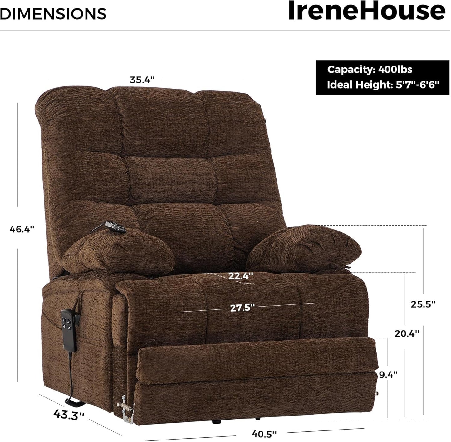 Big Tall Man Power Lay Flat Lift Recliner Extra Large Oversized Wide Heat Massage Dual Motor Recliners up to 400 LBS Electric Chairs,9205L Extended Footrest(Chenille Brown)-2