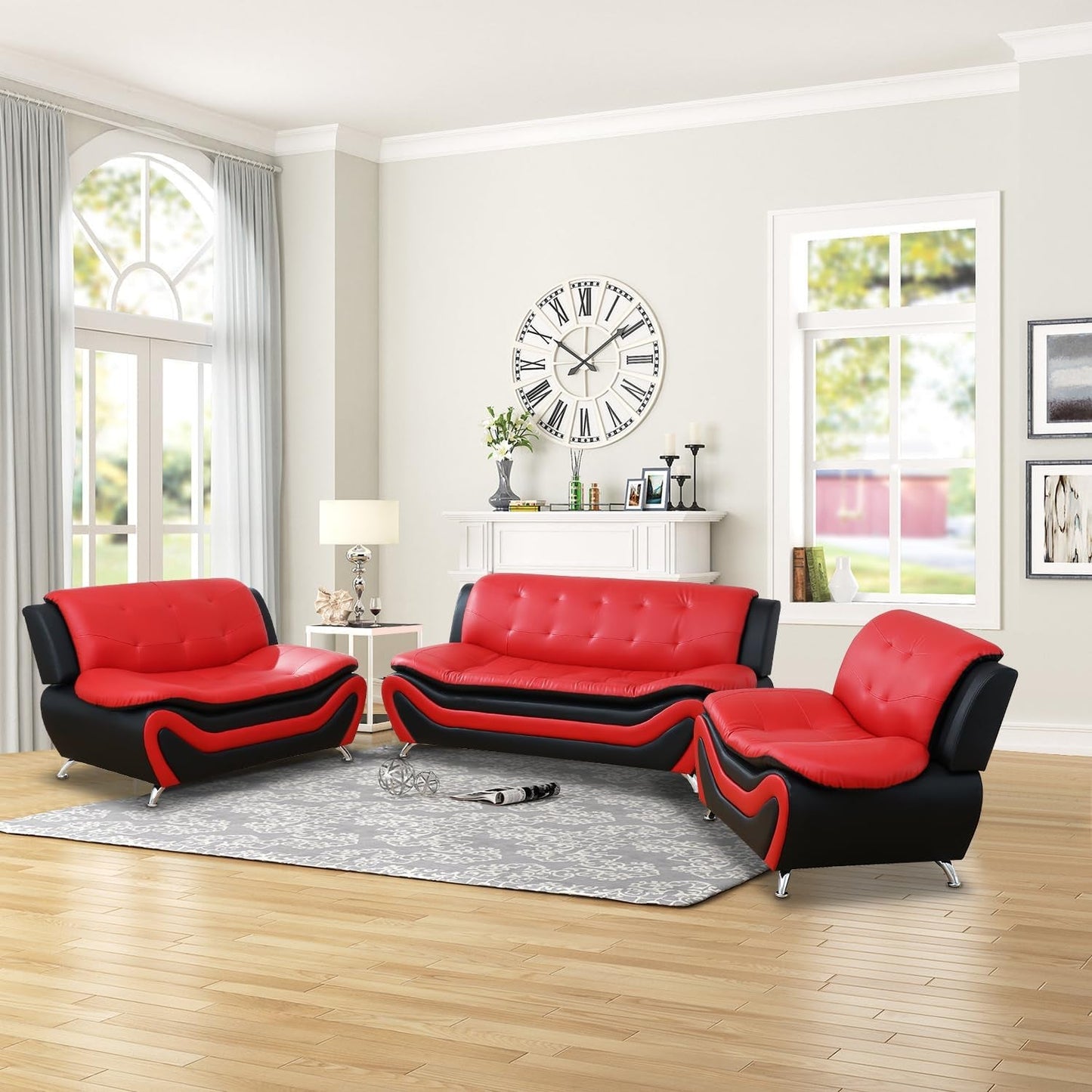 Black & Red Leather 3-Piece Living Room Sofa Set-0