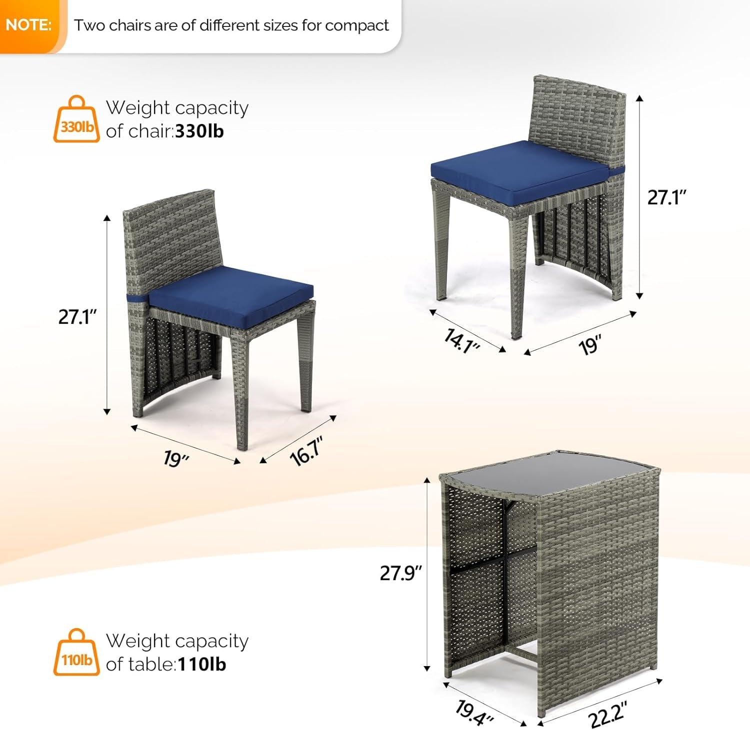 3 PCS Wicker Outdoor Patio Bistro Set, Patio Furniture Set for Small Space with Glass Top Table Dining Chairs, Balcony Furniture Patio Table and Chairs Set of 2 for Garden Yard Porch (Grey)-2