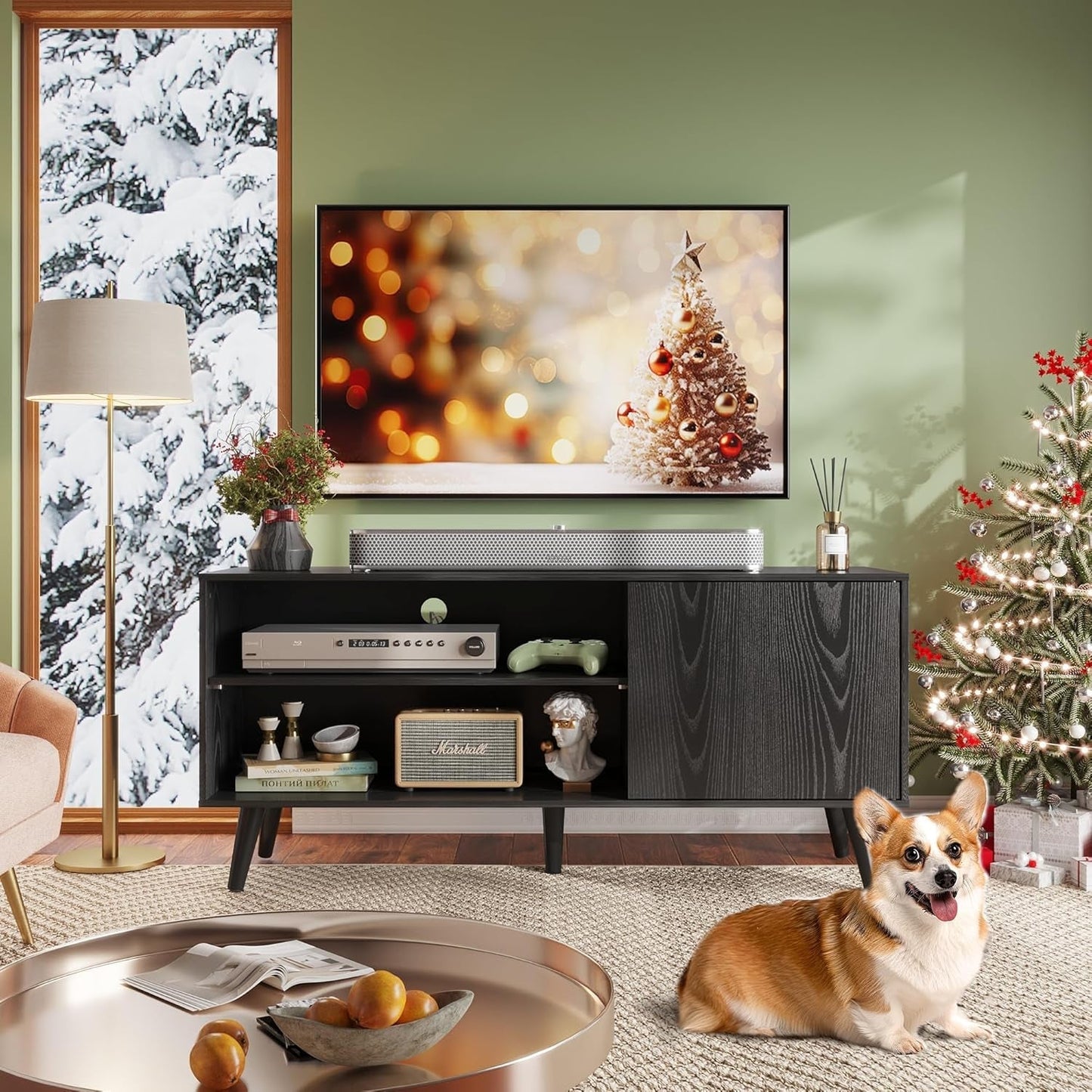 TV Stand for 55 Inch Tvs, Entertainment Center with Storage Cabinet, Mid-Century TV Stands for Living Room and Bedroom, 50" TV Console, Black-1