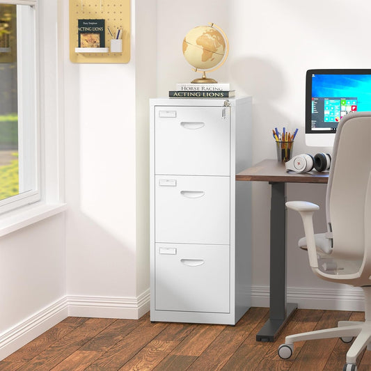 Metal File Cabinet with Lock, 3 Drawer Filing Cabinet, White Locking File Cabinet for Home Office, Light Duty Narrow Modern File Storage Cabinet for Hanging Letter/Legal/A4/F4 Size-Assembly Required-1
