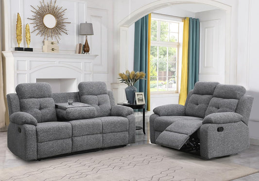 Breathable-Chenille-Fabric-Reclining-Sofa-And-Loveseat-Set, Double-Recliner-For-Living-Room, Manual-Reclining-Sofa,Soft/Drop down Table(Gray)-0