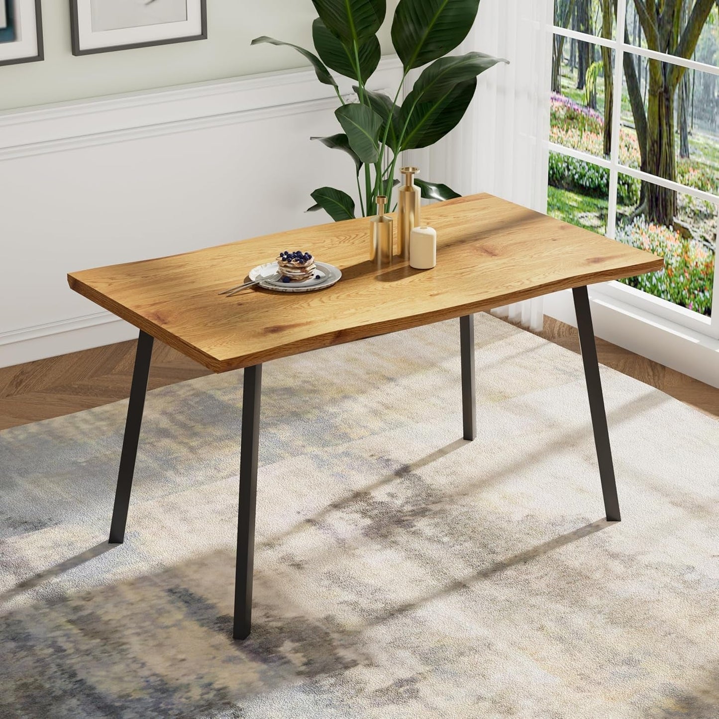 53" Rectangle Dining Table for 2-6 Person, Modern Wooden Irregular Dining Table Kitchen Table Desk Dinner Table for Small Spaces, Easy Clean Living Room Natural Table for Home Kitchen Restaurant-2