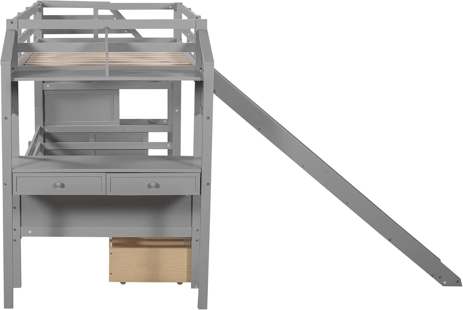 Twin over Twin Bunk Bed with Stairs, Slide, Desk, Solid Wood Bunk Bed with Storage Drawers and Shelves, for Kids Teens Adults (Gray)-4