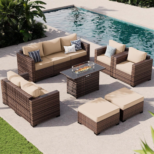 Patio Furniture Set with 44" Fire Pit Table, 7 Pieces Outdoor Furniture Sets, Wicker Rattan Patio Conversation Sets with Ottoman and Waterproof Covers for Porch Deck Backyard, Khaki-0