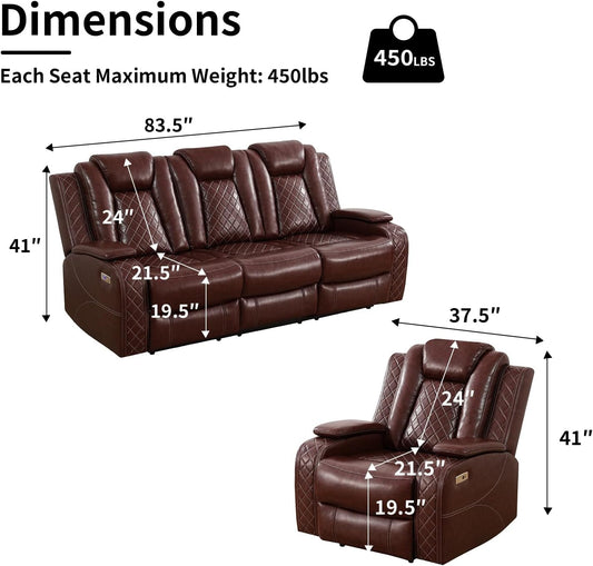 Power Brown Leather Reclining Sofa Set with LED Light for Living Room Set，Theater Seat Recliner Chair and 3 Seats Double Recliner Sofa with Drop-Down Table/Read Light/Wireless Charge/Usb Port-1