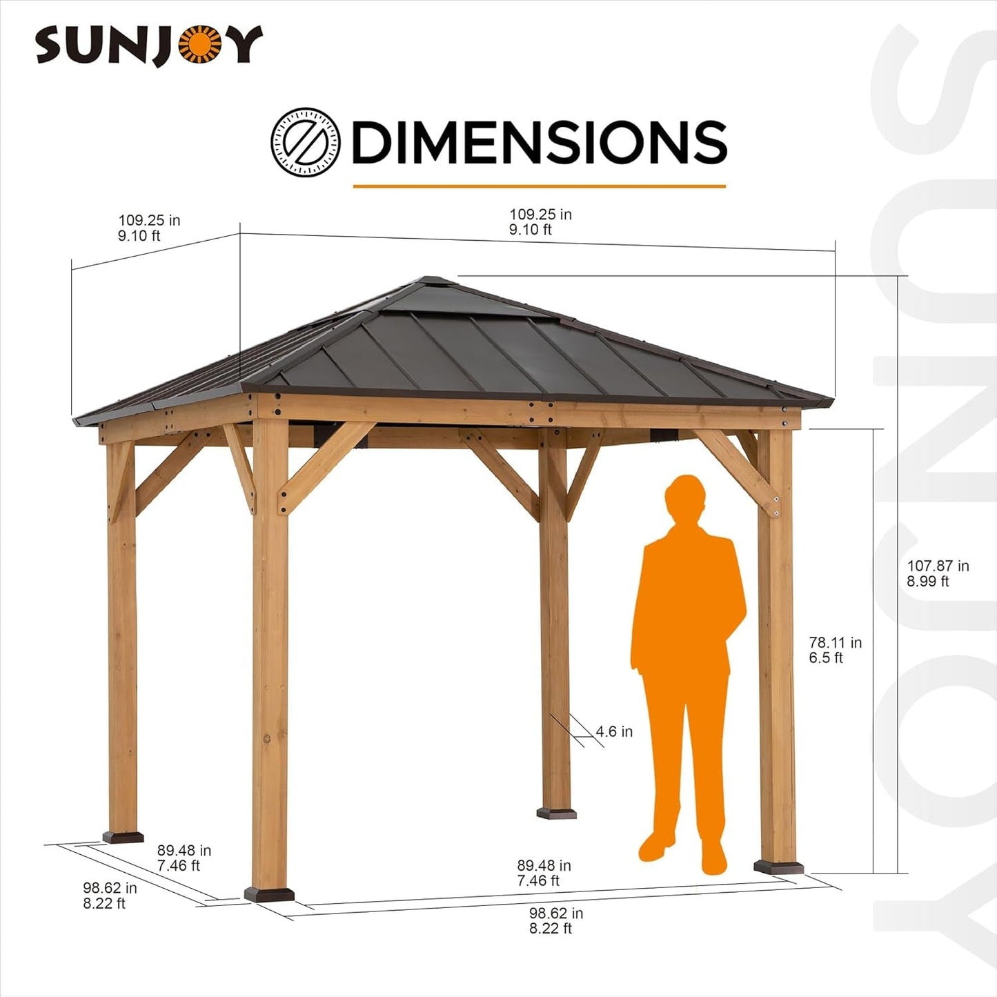 9x9 Cedar Framed Hardtop Gazebo Brown Steel Roof-1