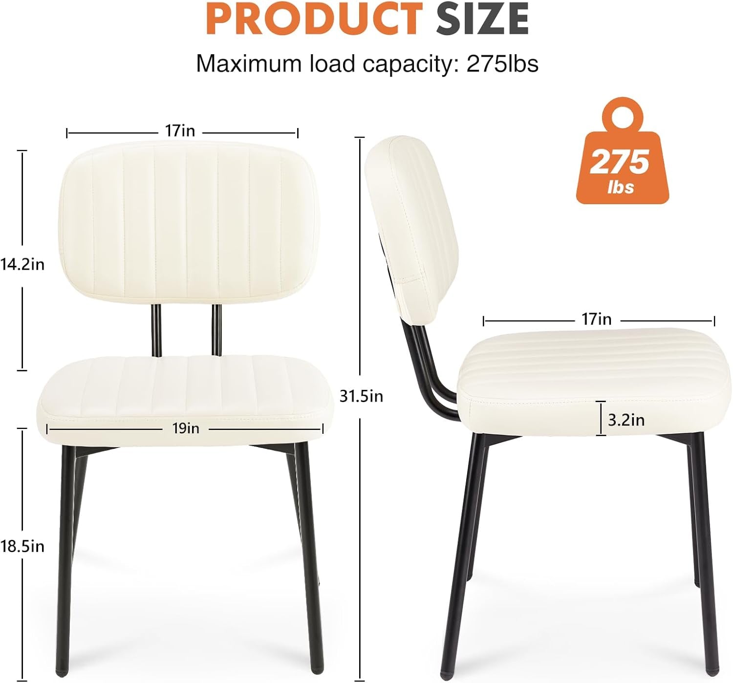 Dining Chairs Set of 4, Upholstered Mid Century Modern Kitchen Dining Room Accent Chairs with Faux Leather Cushion Seat & Metal Legs for Kitchen, Living Room - Cream White-2