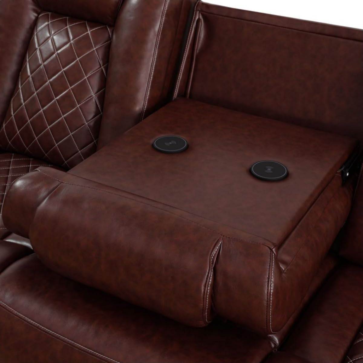 Electric Power Recliner Sofa Living Room Furniture, Comfy Home Theater Breathing Leather Seating with USB 2.0 Charging Ports, LED Light Strips, Fold-Down Table & Wireless Charging Device (Red)-3