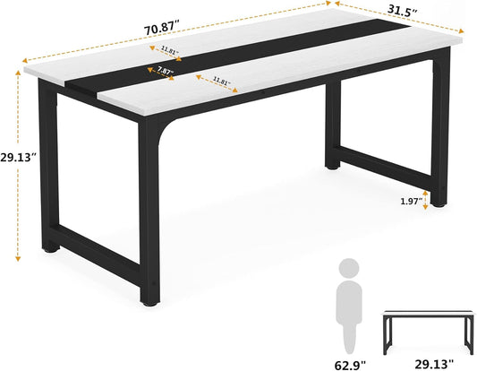 70.8”Executive Desk, Large Office Computer Desk with Thicken Frame, Modern Simple Workstation Business Furniture for Home Office, White/Black-1