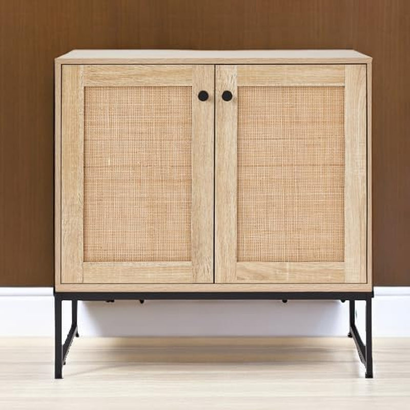2-Door Rattan Storage Cabinet, Accent Furniture, Multifunctional Cupboard for Living Room, Hallway, Kitchen, Sideboard, Buffet Table W/Non-Scratch Foot Pads - Natural-1