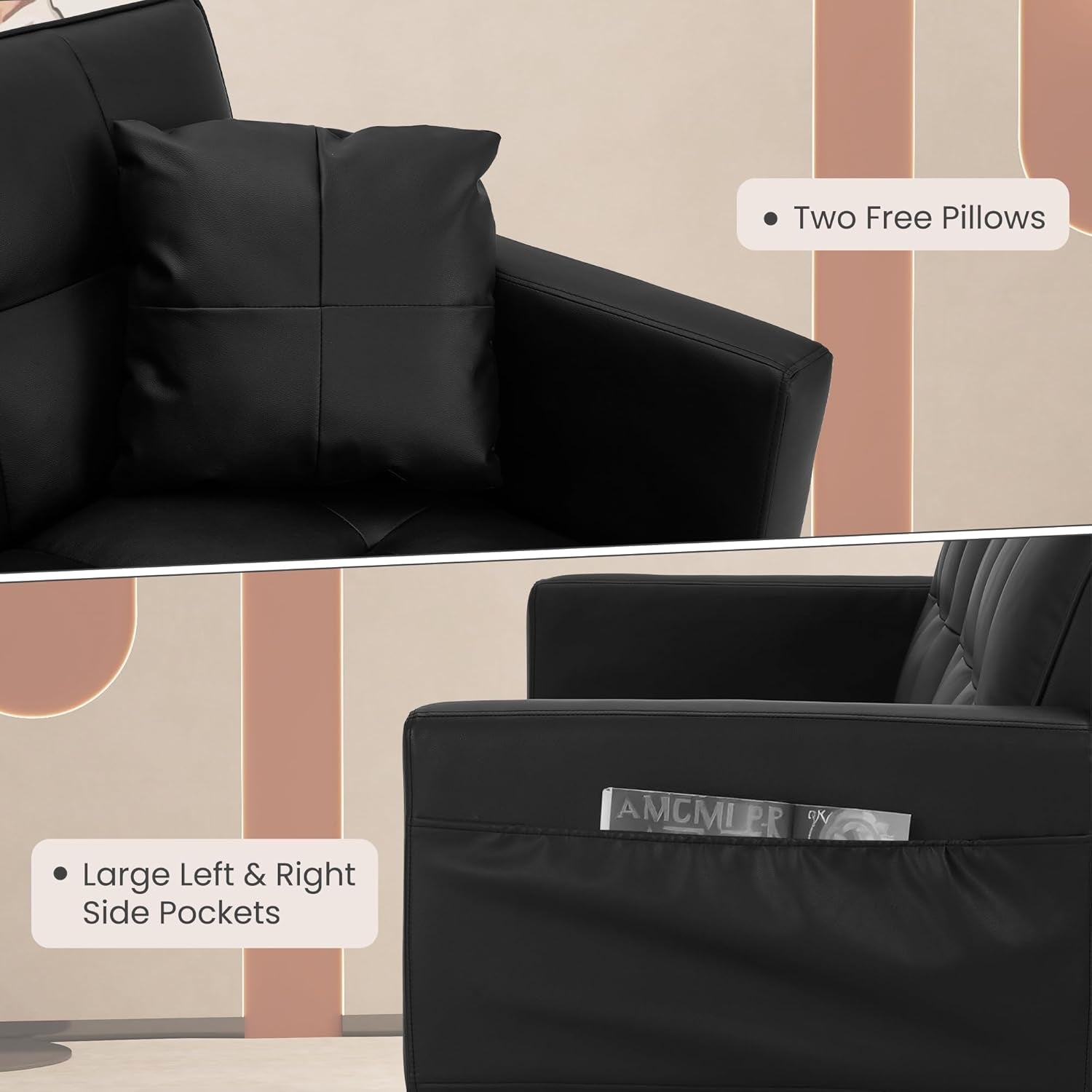 Faux Leather Futon Couch, Convertible Sofa Bed with Adjustable Back, Modern Sleeper Sofa for Living Room, Black-4