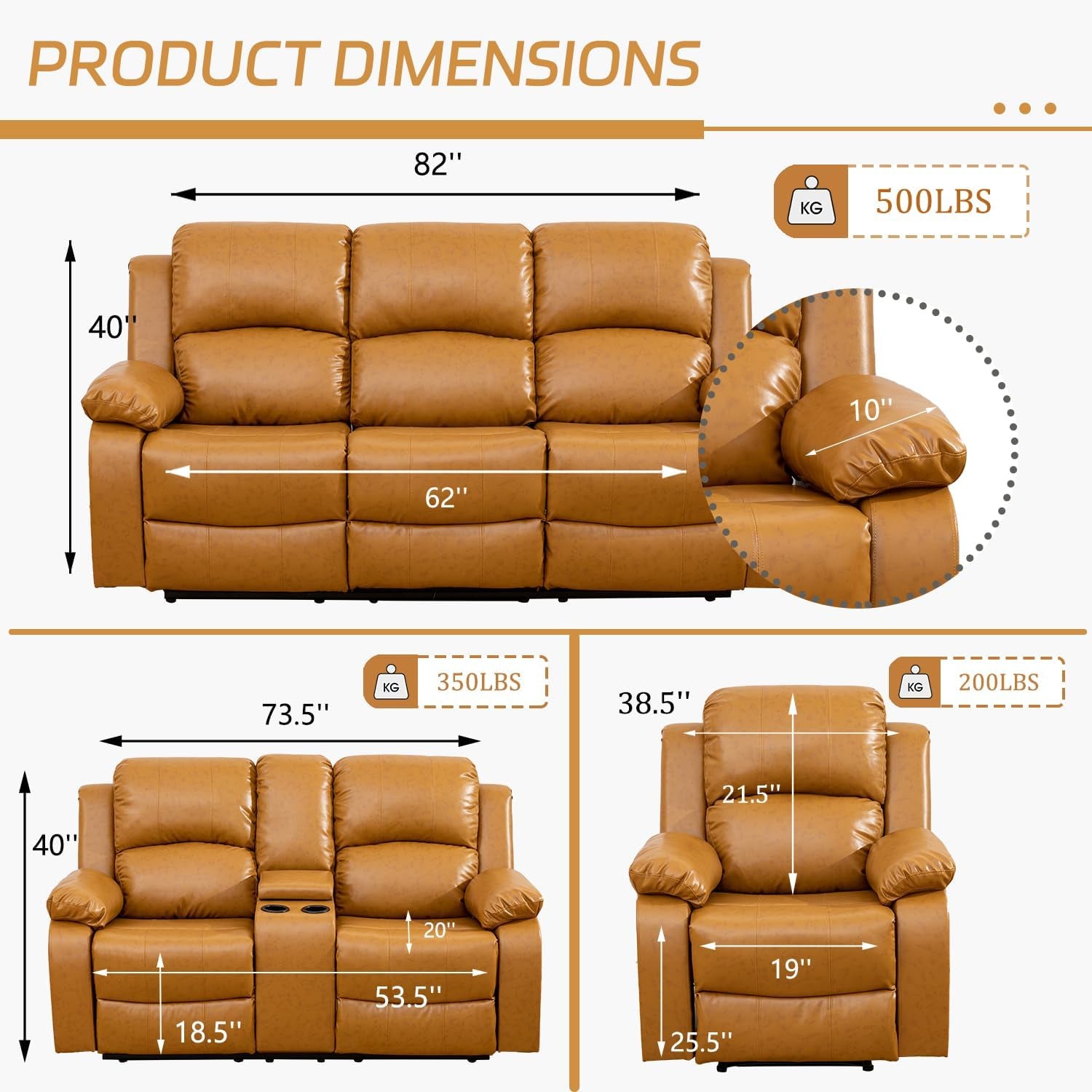 Manual Recliner Sofa Set, Bonded Leather Sofa Set Living Room Furniture, Reclining Sofa Set Leather Recliner Couch with Cup Holder/Storage Console for Living Room (3 Pieces Couch Set,Ginger)-1