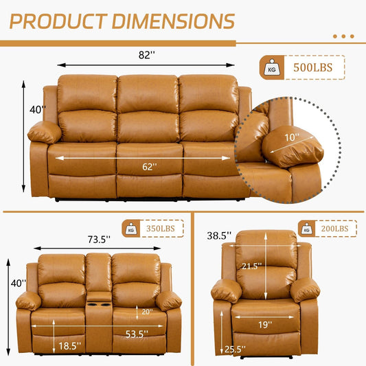 Manual Recliner Sofa Set, Bonded Leather Sofa Set Living Room Furniture, Reclining Sofa Set Leather Recliner Couch with Cup Holder/Storage Console for Living Room (3 Pieces Couch Set,Ginger)-1